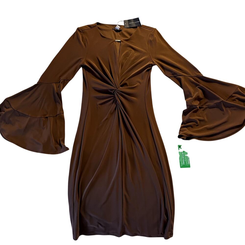 NWT New Tommy Hilfiger Mini Chocolate Brown dress Long Bell Sleeve Womens Size 2